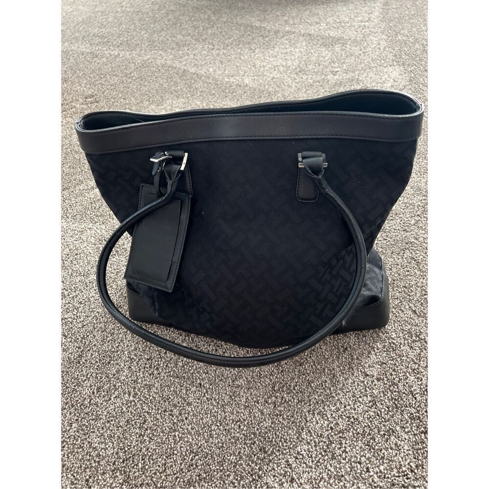 Talbots Womens Black Monogram Leather Canvas Purse Handbag Tote Shoulder Bag
